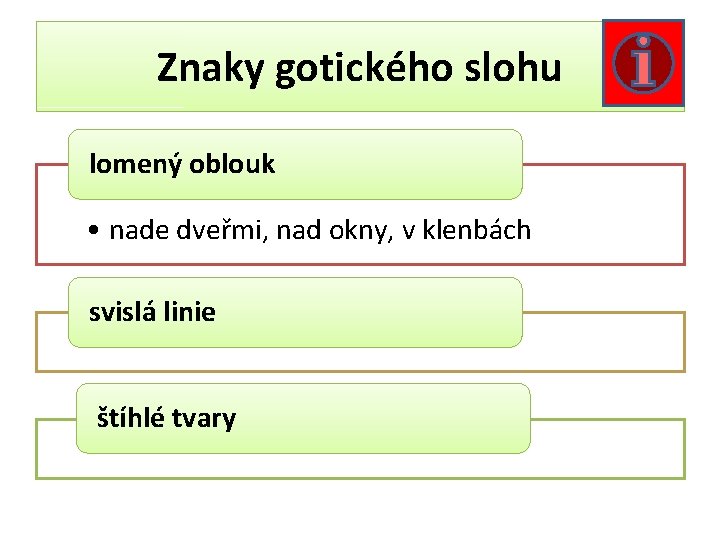 Znaky gotického slohu lomený oblouk • nade dveřmi, nad okny, v klenbách svislá linie