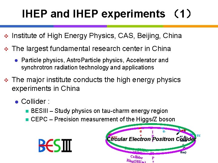 IHEP and IHEP experiments （1） v Institute of High Energy Physics, CAS, Beijing, China