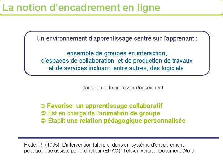 La notion d’encadrement en ligne Un environnement d’apprentissage centré sur l’apprenant : ensemble de
