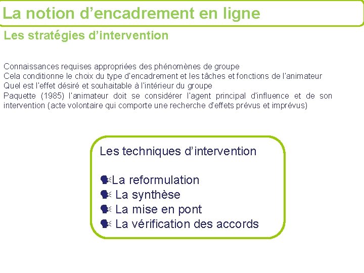 La notion d’encadrement en ligne Les stratégies d’intervention Connaissances requises appropriées des phénomènes de