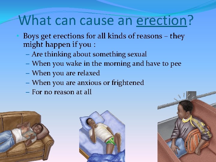 What can cause an erection? • Boys get erections for all kinds of reasons