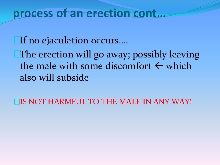 process of an erection cont… �If no ejaculation occurs…. �The erection will go away;