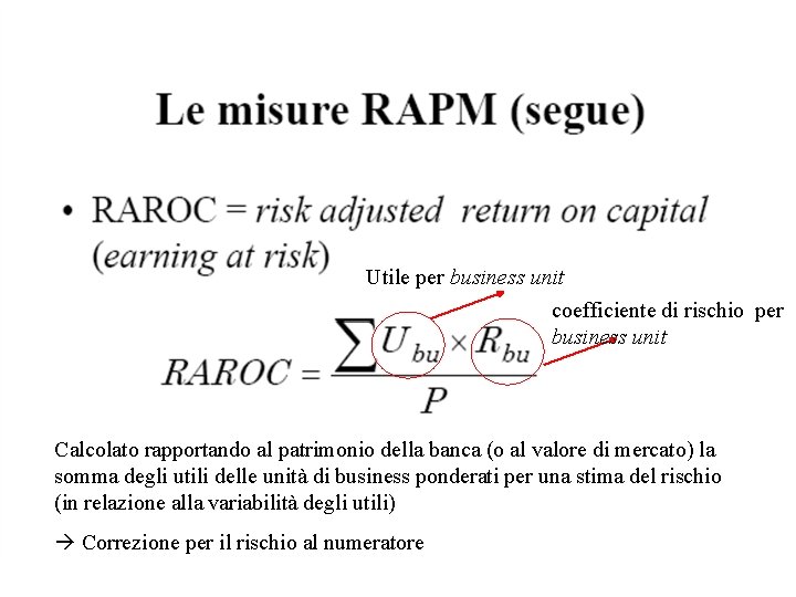 Utile per business unit coefficiente di rischio per business unit Calcolato rapportando al patrimonio