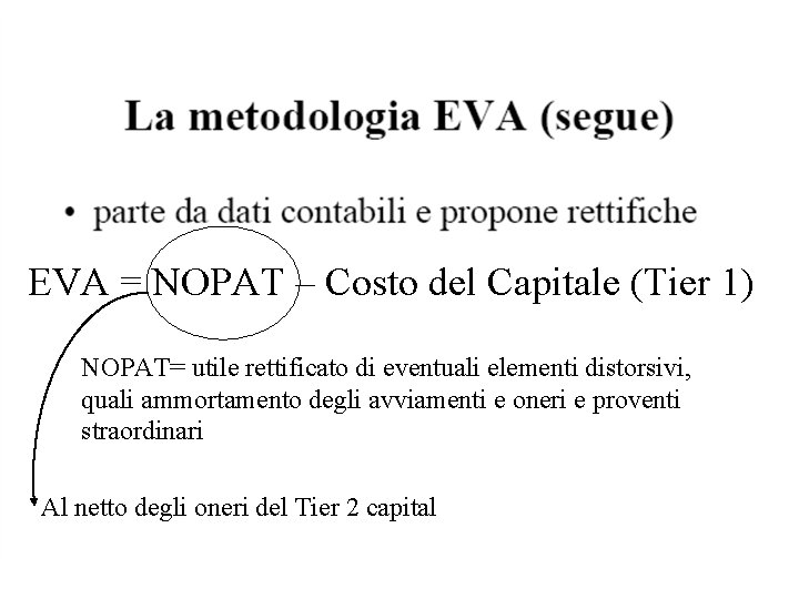 EVA = NOPAT – Costo del Capitale (Tier 1) NOPAT= utile rettificato di eventuali