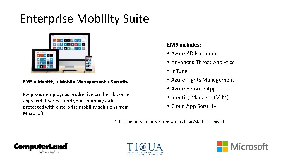 Enterprise Mobility Suite EMS includes: EMS = Identity + Mobile Management + Security Keep