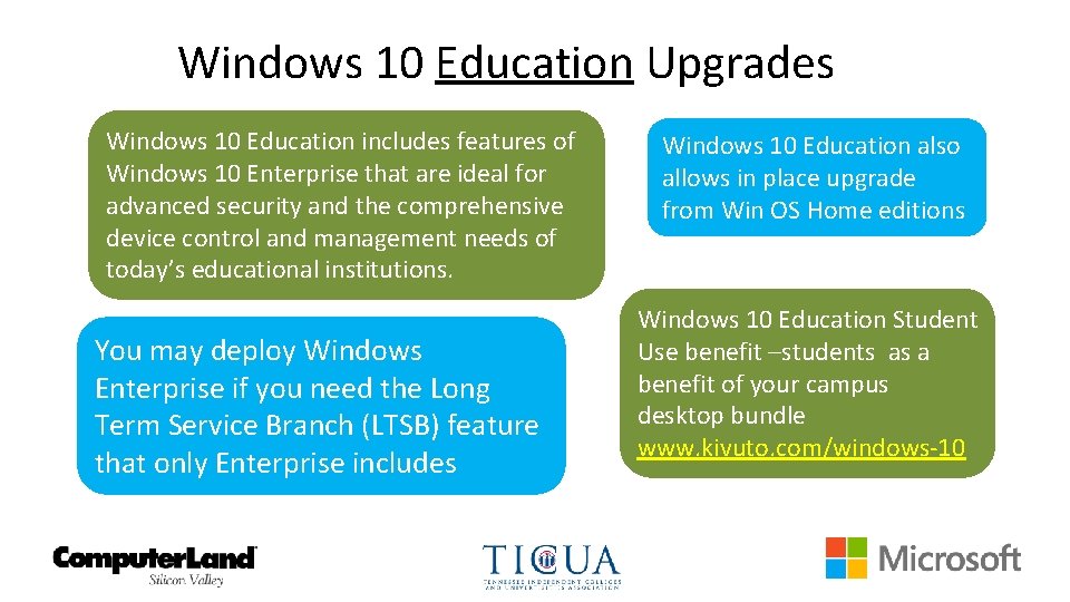 Windows 10 Education Upgrades Windows 10 Education includes features of Windows 10 Enterprise that