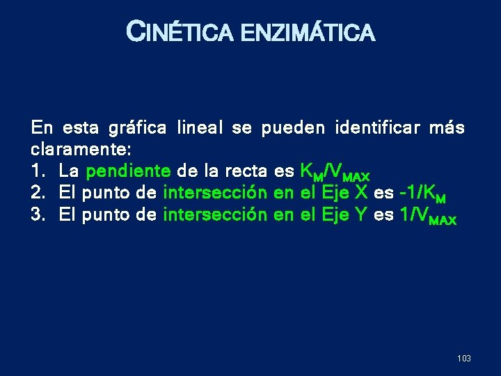 CINÉTICA ENZIMÁTICA En esta gráfica lineal se pueden identificar más claramente: 1. La pendiente