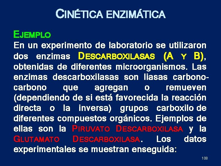 CINÉTICA ENZIMÁTICA E JEMPLO En un experimento de laboratorio se utilizaron dos enzimas D CINÉTICA ENZIMÁTICA E JEMPLO En un experimento de laboratorio se utilizaron dos enzimas D