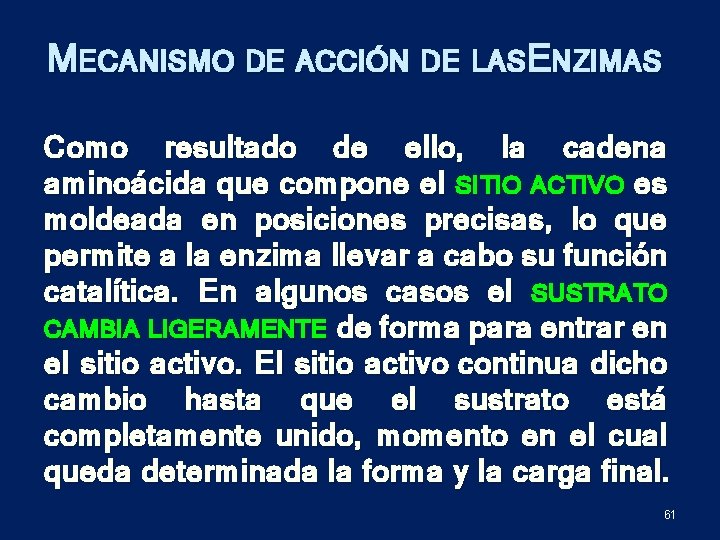 MECANISMO DE ACCIÓN DE LASE NZIMAS Como resultado de ello, la cadena aminoácida que