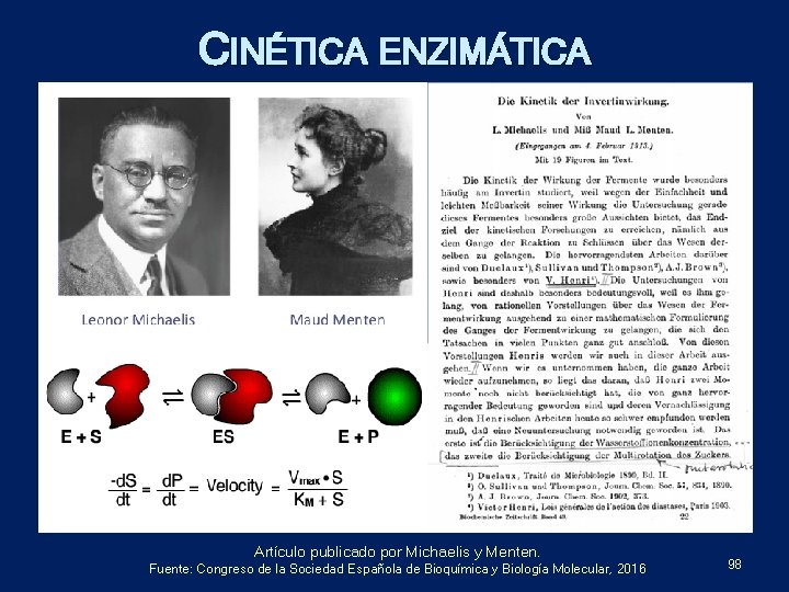 CINÉTICA ENZIMÁTICA Artículo publicado por Michaelis y Menten. Fuente: Congreso de la Sociedad Española