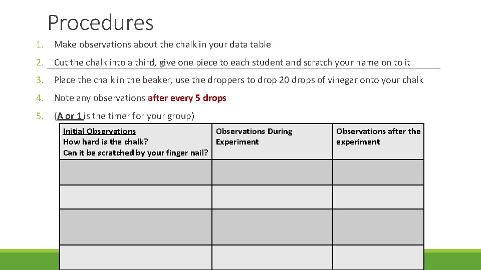 Procedures 1. Make observations about the chalk in your data table 2. Cut the