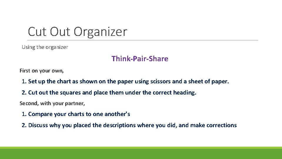 Cut Organizer Using the organizer Think-Pair-Share First on your own, 1. Set up the