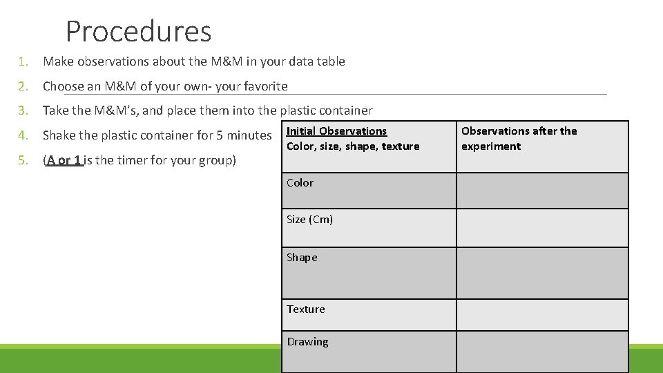 Procedures 1. Make observations about the M&M in your data table 2. Choose an