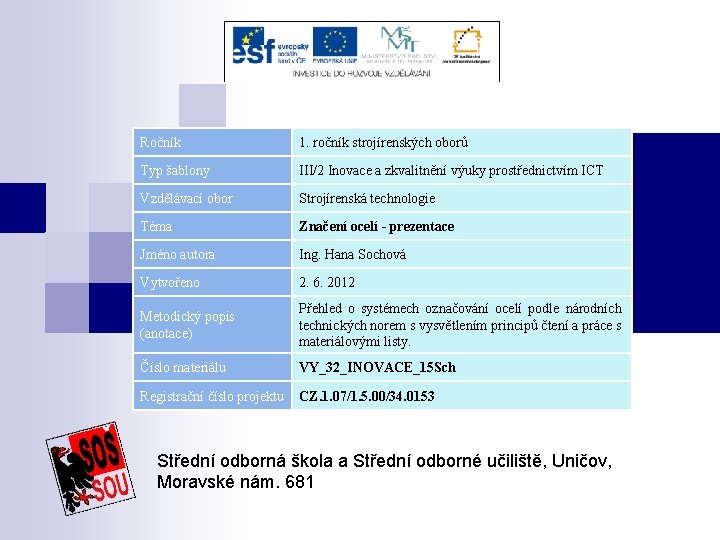 Ročník 1. ročník strojírenských oborů Typ šablony III/2 Inovace a zkvalitnění výuky prostřednictvím ICT