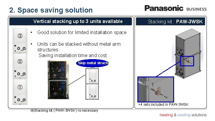 2. Space saving solution Vertical stacking up to 3 units available ③ • Stacking