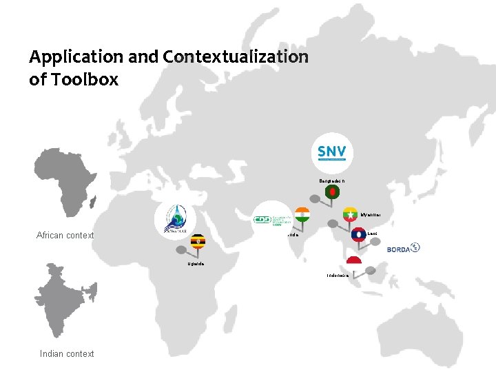 Application and Contextualization of Toolbox Bangladesh Myanmar African context Laos India Uganda Indonesia Indian