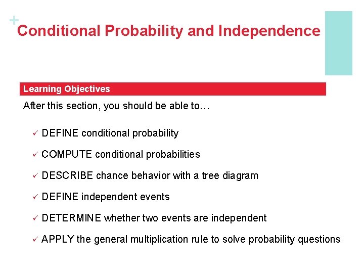 +Conditional Probability and Independence Learning Objectives After this section, you should be able to…