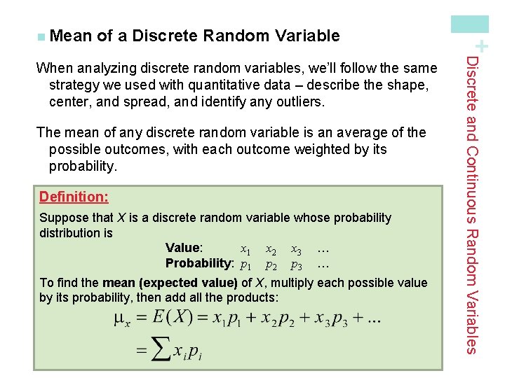 of a Discrete Random Variable The mean of any discrete random variable is an