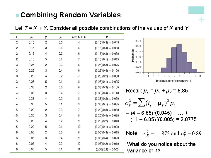Random Variables + n Combining Let T = X + Y. Consider all possible