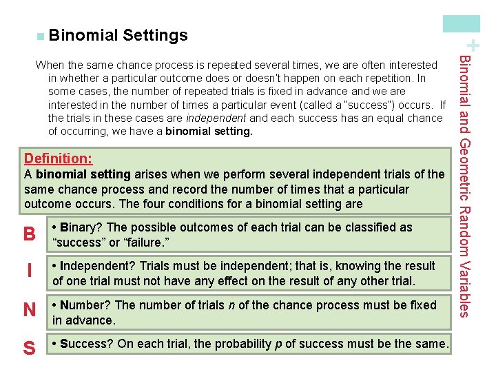 Settings Definition: A binomial setting arises when we perform several independent trials of the