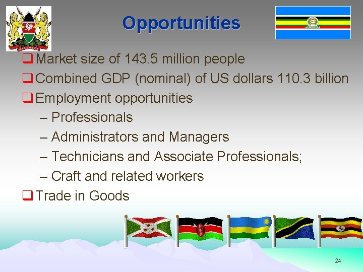 Opportunities q Market size of 143. 5 million people q Combined GDP (nominal) of