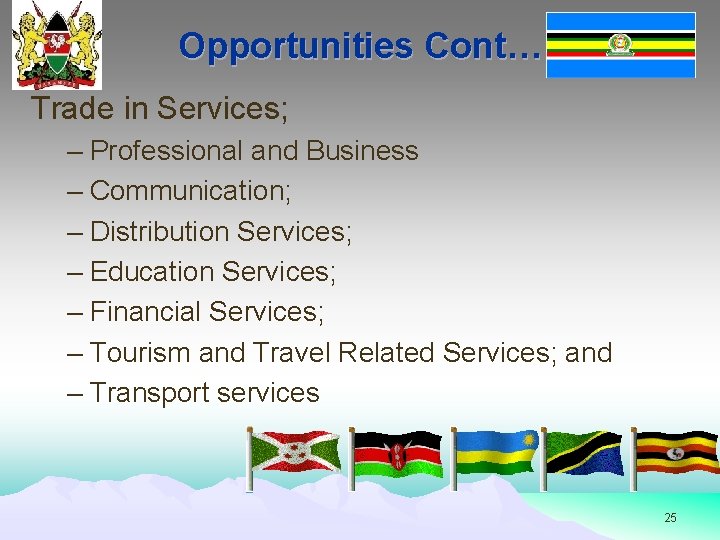 Opportunities Cont… Trade in Services; – Professional and Business – Communication; – Distribution Services;