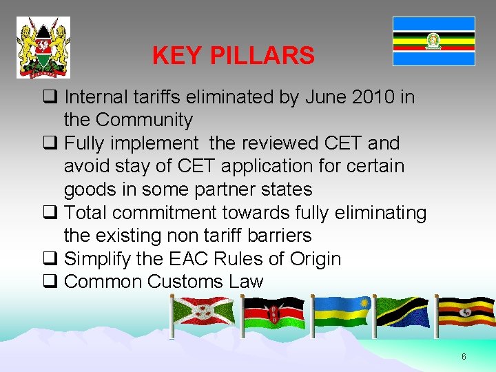 KEY PILLARS q Internal tariffs eliminated by June 2010 in the Community q Fully