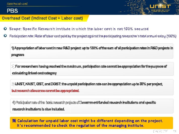 Overhead cost PBS Overhead Cost (Indirect Cost + Labor cost) Scope: Specific Research Institute