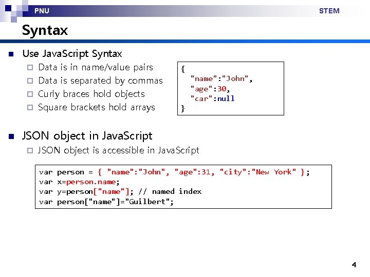 PNU STEM Syntax n Use Java. Script Syntax Data is in name/value pairs ¨