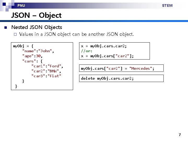 PNU STEM JSON – Object n Nested JSON Objects ¨ Values in a JSON