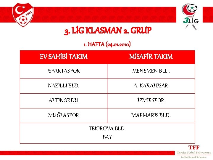 3. LİG KLASMAN 2. GRUP 1. HAFTA (24. 01. 2010) EV SAHİBİ TAKIM MİSAFİR