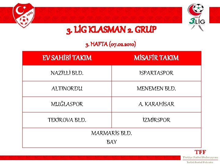 3. LİG KLASMAN 2. GRUP 3. HAFTA (07. 02. 2010) EV SAHİBİ TAKIM MİSAFİR