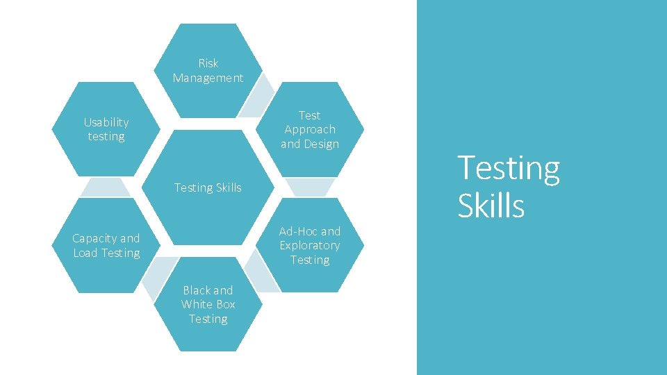 Risk Management Test Approach and Design Usability testing Testing Skills Ad-Hoc and Exploratory Testing