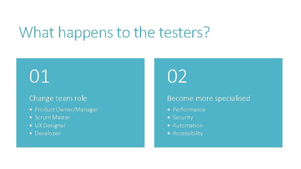 What happens to the testers? 01 02 Change team role Become more specialised •
