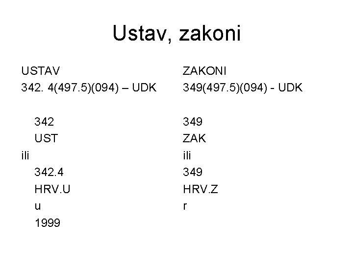 Ustav, zakoni USTAV 342. 4(497. 5)(094) – UDK 342 UST ili 342. 4 HRV.