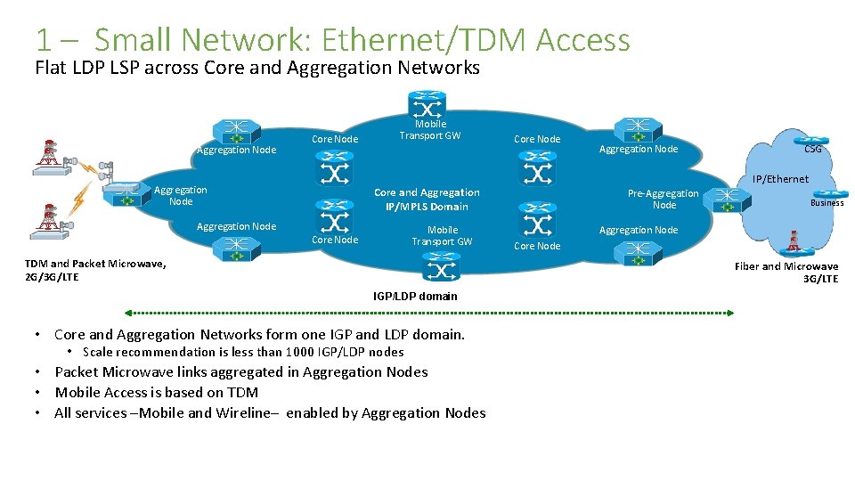 1 – Small Network: Ethernet/TDM Access Flat LDP LSP across Core and Aggregation Networks