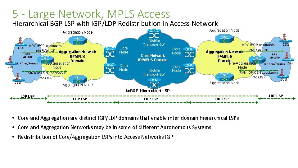 5 - Large Network, MPLS Access Hierarchical BGP LSP with IGP/LDP Redistribution in Access