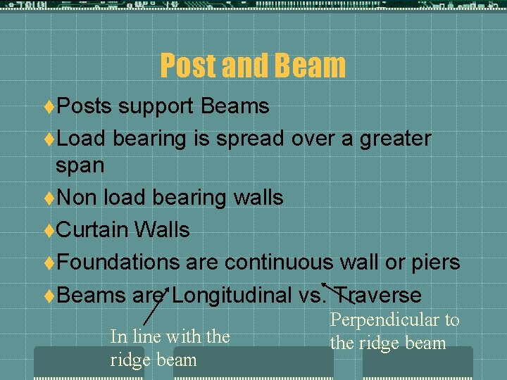 Post and Beam t. Posts support Beams t. Load bearing is spread over a