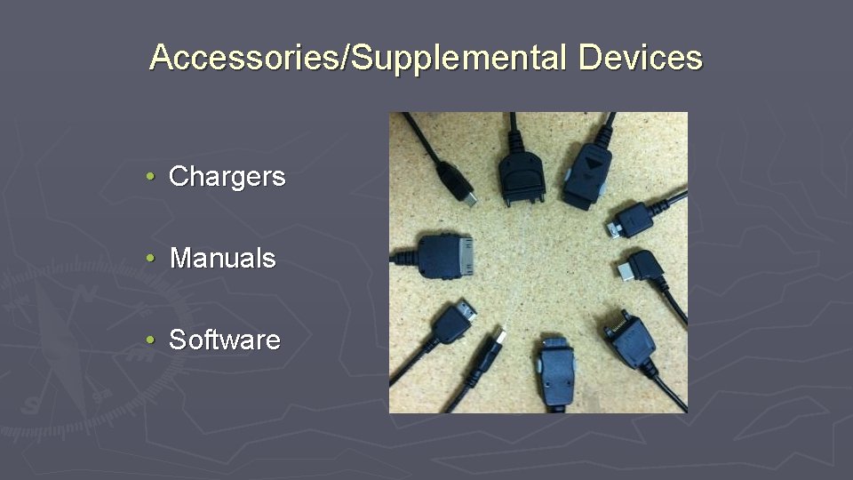 Accessories/Supplemental Devices • Chargers • Manuals • Software 