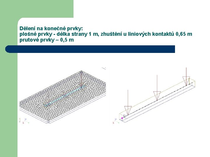 Dělení na konečné prvky: plošné prvky - délka strany 1 m, zhuštění u liniových