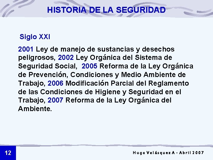 HISTORIA DE LA SEGURIDAD Siglo XXI 2001 Ley de manejo de sustancias y desechos