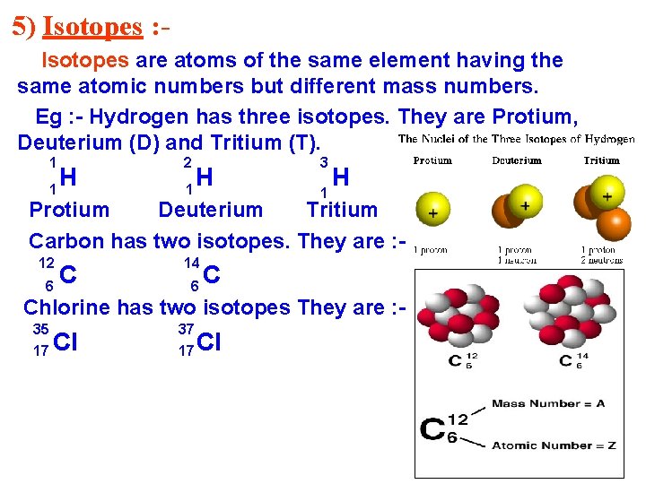5) Isotopes : Isotopes are atoms of the same element having the same atomic