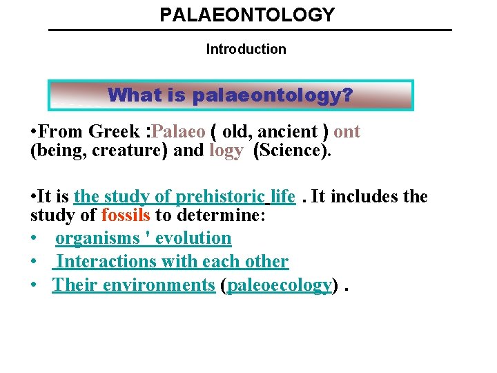 PALAEONTOLOGY Introduction What is palaeontology? • From Greek : Palaeo ( old, ancient )