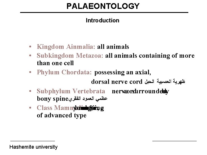 PALAEONTOLOGY Introduction • Kingdom Ainmalia: all animals • Subkingdom Metazoa: all animals containing of