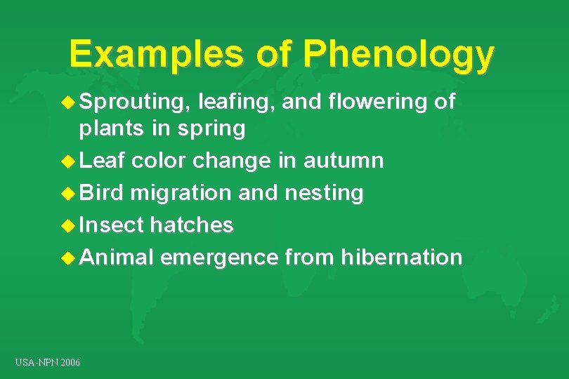 Examples of Phenology u Sprouting, leafing, and flowering of plants in spring u Leaf Examples of Phenology u Sprouting, leafing, and flowering of plants in spring u Leaf