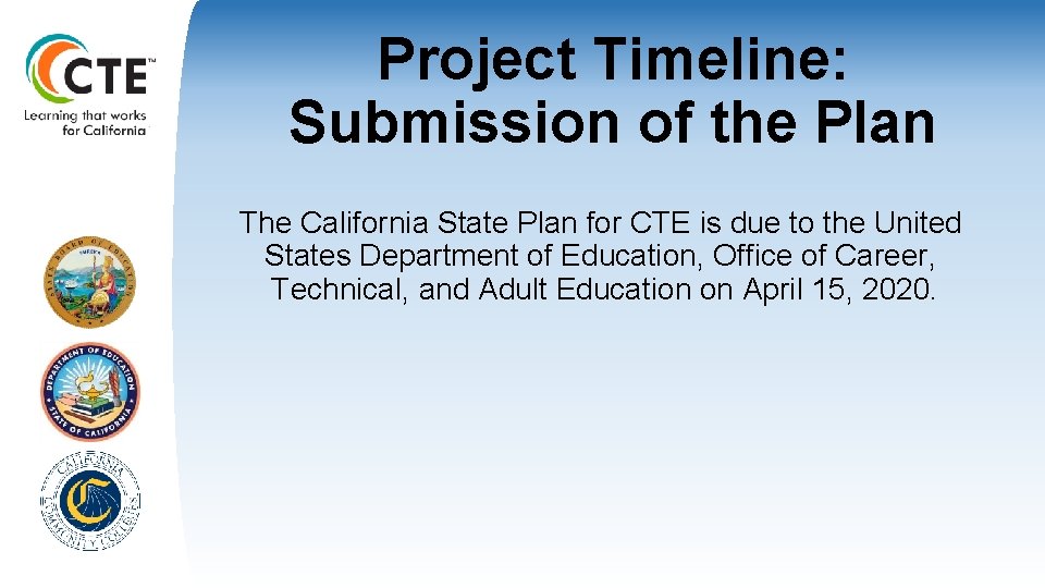 Project Timeline: Submission of the Plan The California State Plan for CTE is due