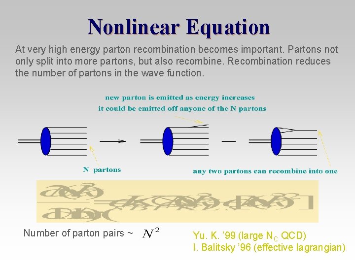 Nonlinear Equation At very high energy parton recombination becomes important. Partons not only split