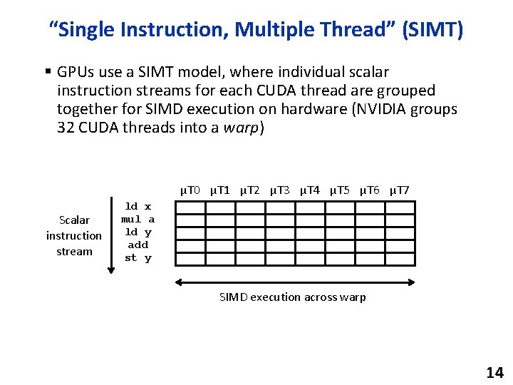 “Single Instruction, Multiple Thread” (SIMT) § GPUs use a SIMT model, where individual scalar