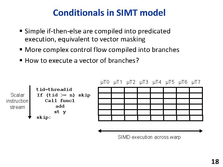 Conditionals in SIMT model § Simple if-then-else are compiled into predicated execution, equivalent to