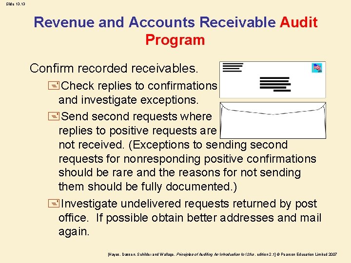 Slide 13. 13 Revenue and Accounts Receivable Audit Program Confirm recorded receivables. +Check replies